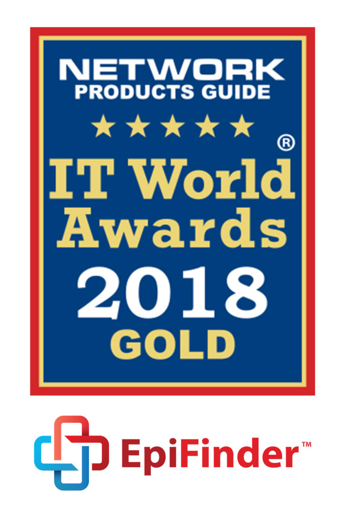 A banner announcing that EpiFinder won gold in Network Products Guide's IT Worlds Award, 2018