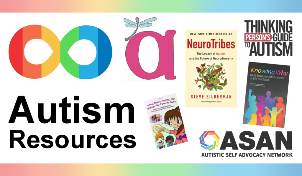 A graphic depicting different logos and books for autism resources
